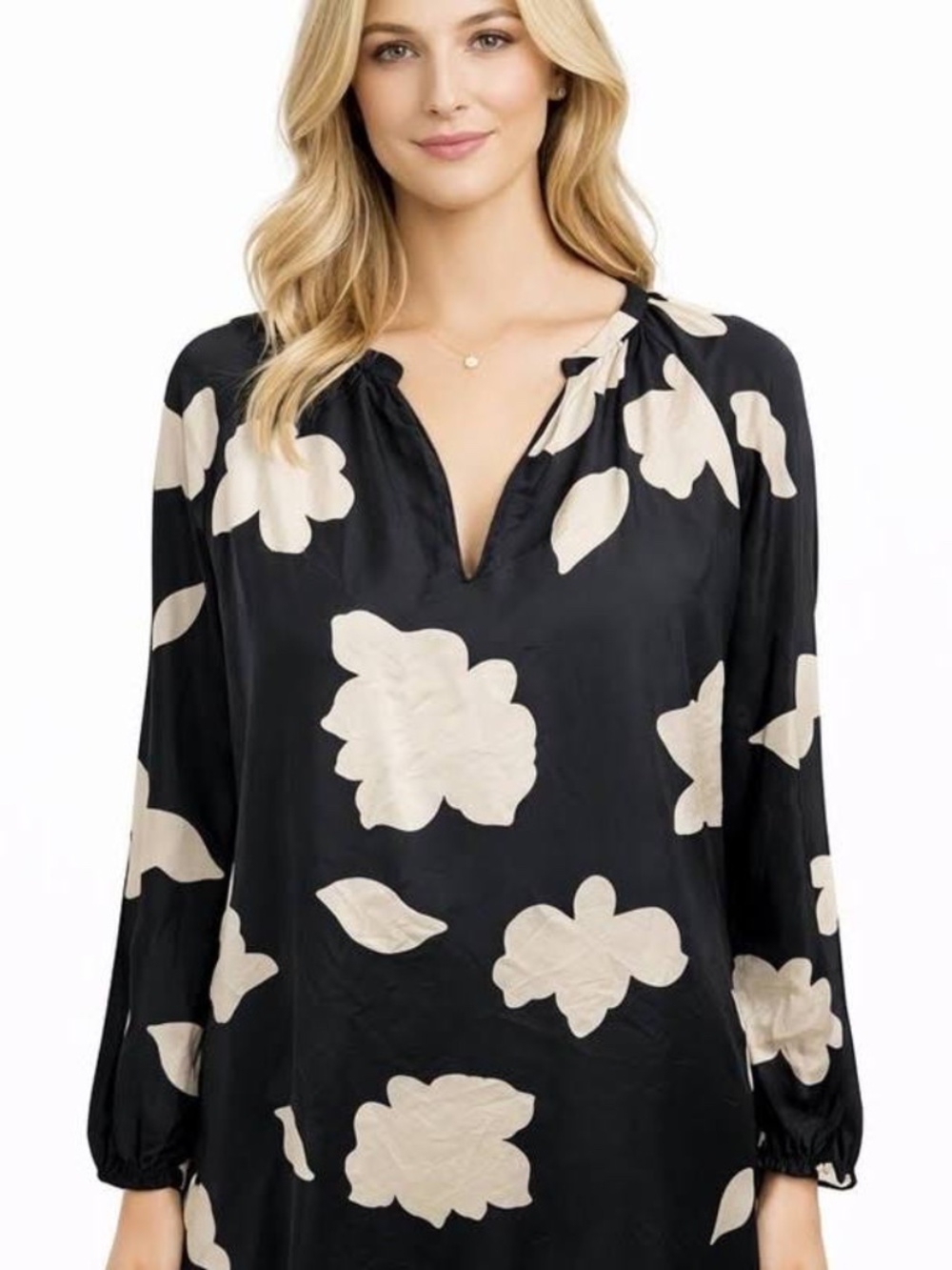 Theory Silk Open V-Neck Top in Petal Print in Black and White